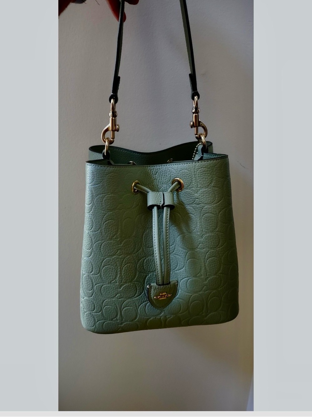 Brand New Coach Green Leather Bucket Bag with Drawstring
